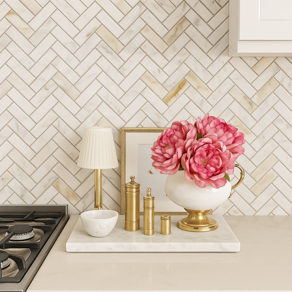 Champagne Rosellea Calacatta Mini Herringbone Mosaic