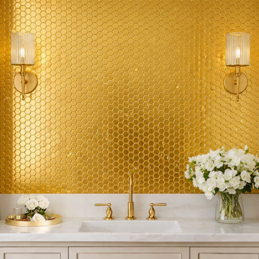 Gilded Celira Gold Hexagon Glass Tile 1" x 1" Mosaic