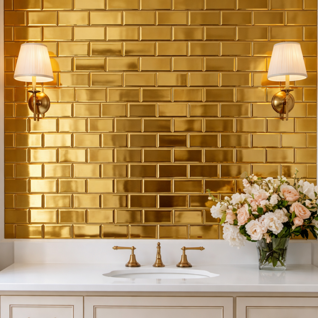 Gilded Solara Gold Subway Glass Tile 2' x 4" Mosaic