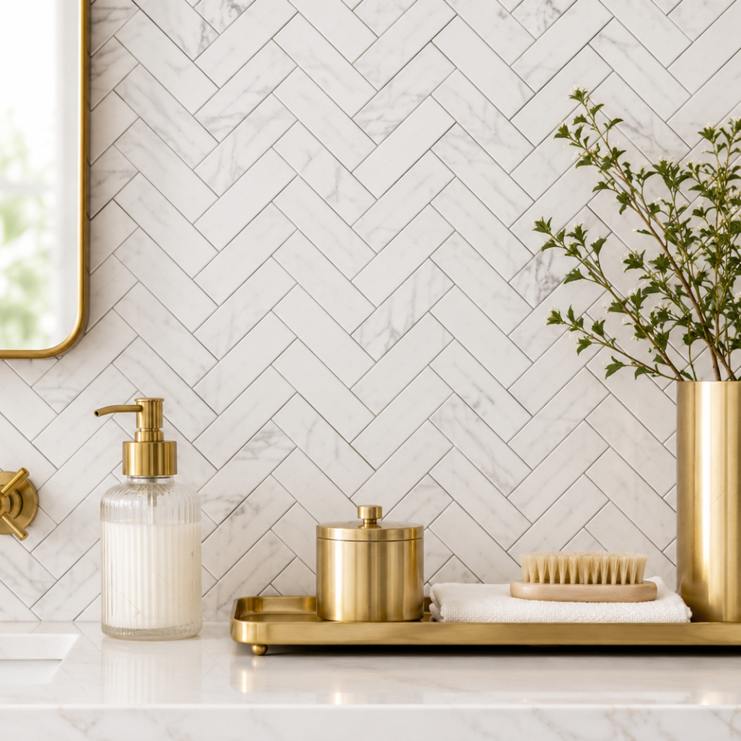 Melalia Carrara Marble Herringbone Mosaic