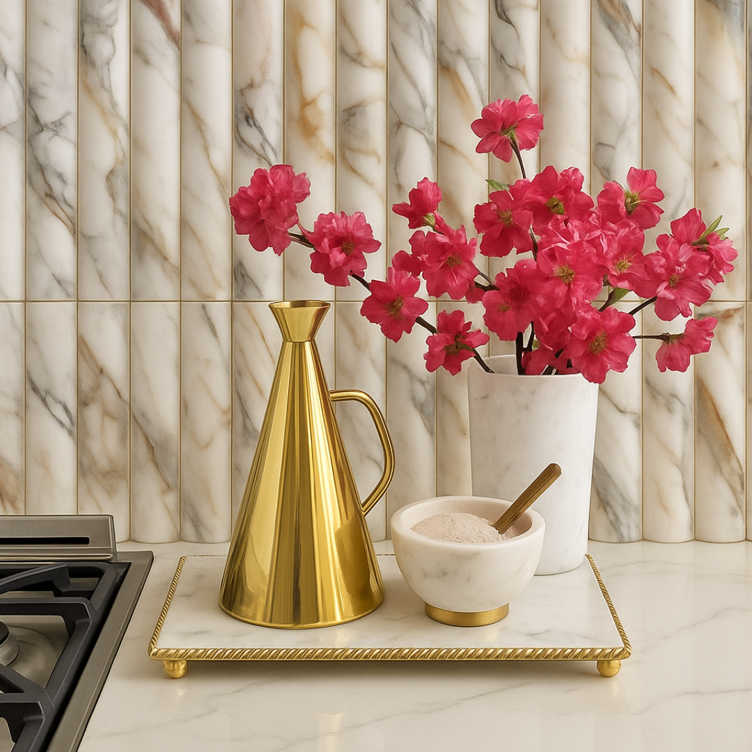 Truffle Belliona Calacatta Fluted Marble Mosaic